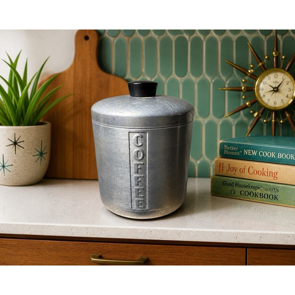 Vintage Aluminum Coffee Canister Mid Century Kitchen Storage Black Knob Lid